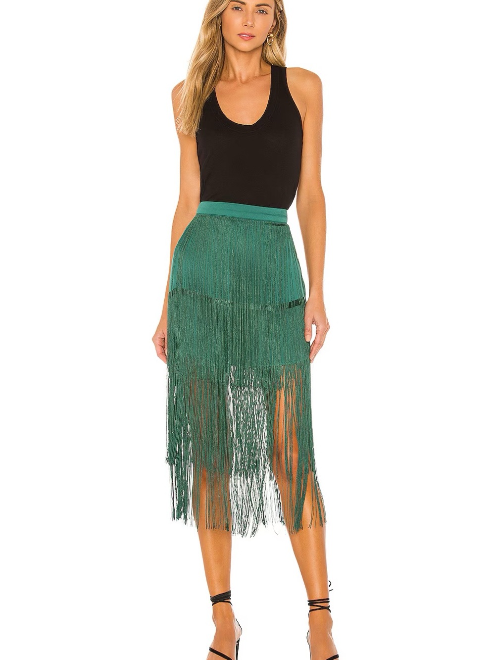 House of Harlow 1960 Emerald Green Fringe Midi Skirt